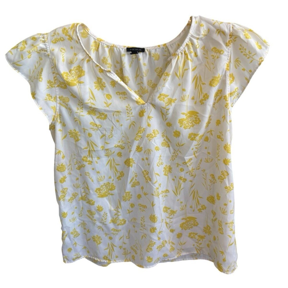 Ann Taylor Women's Blouse Cap Sleeve White Yellow Floral Top Size Large